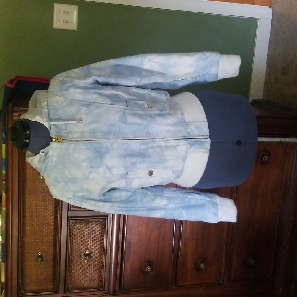 Coogie Australia Denim Bomber Blue White Hoodie Jacket Medium